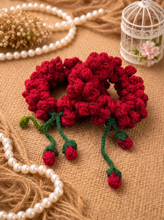 Strawberry Crochet Scrunchie – close-up of strawberry charms