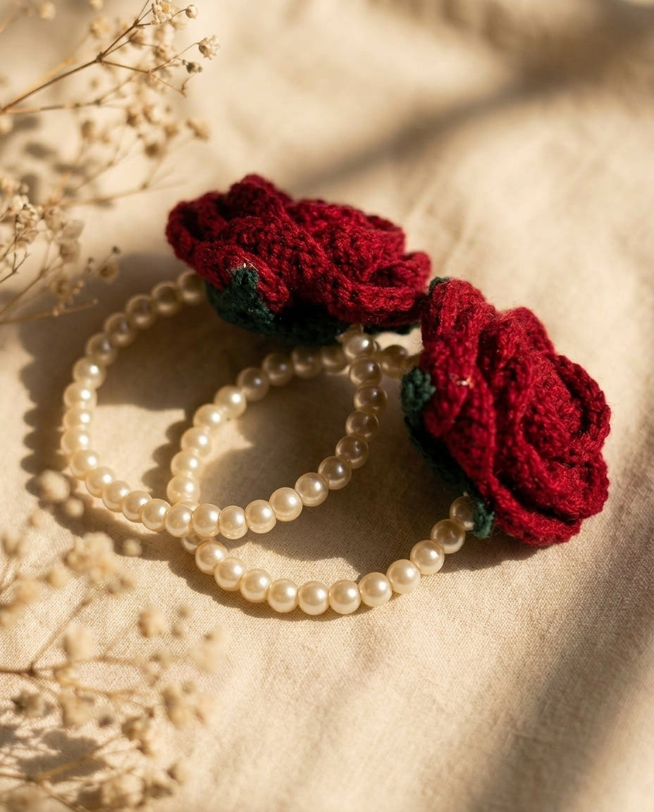 Crochet Rose Pearl Bracelet – burgundy crochet rose on faux pearl band