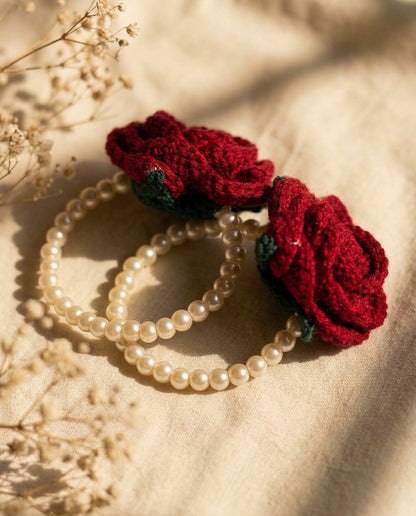 Crochet Rose Pearl Bracelet – burgundy crochet rose on faux pearl band