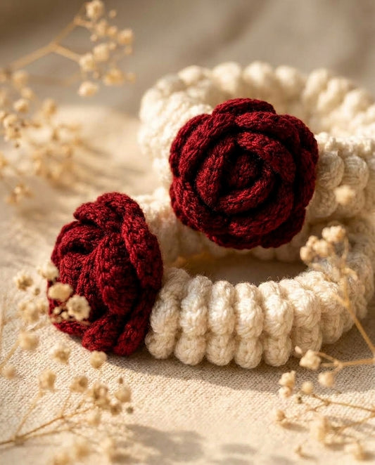 Red Rose Crochet Gajra – handmade cream wrist gajra with two red roses