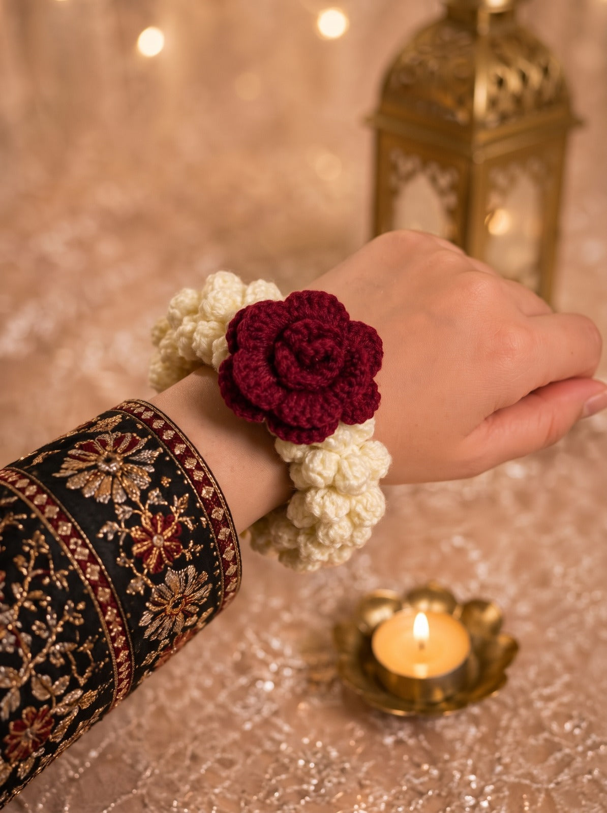 Red Rose Crochet Gajra – close-up of crochet roses