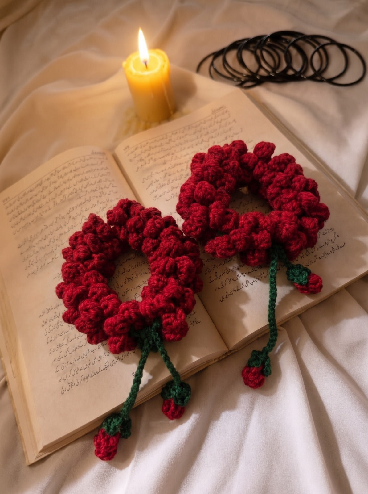 Strawberry Crochet Scrunchie – red bobble hair tie with strawberry charms