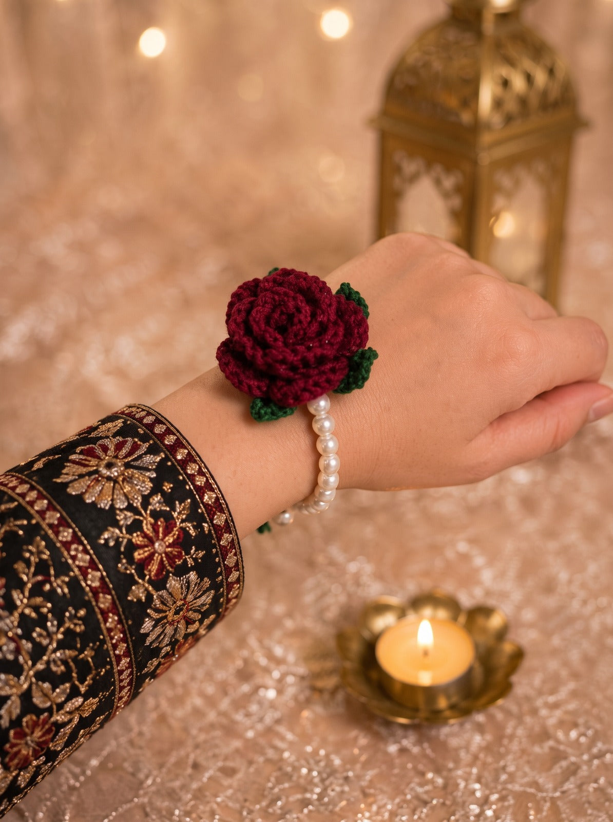 Crochet Rose Pearl Bracelet – close-up of handmade rose and leaf