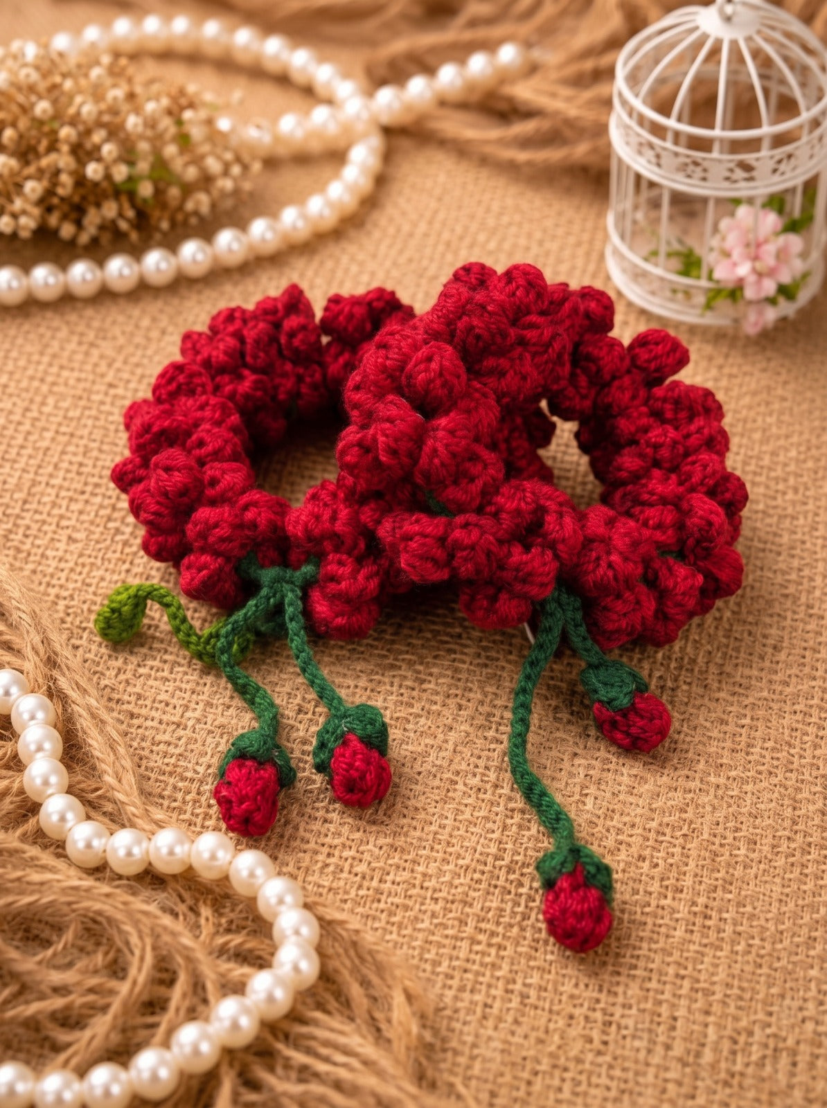 Strawberry Crochet Scrunchie – close-up of strawberry charms