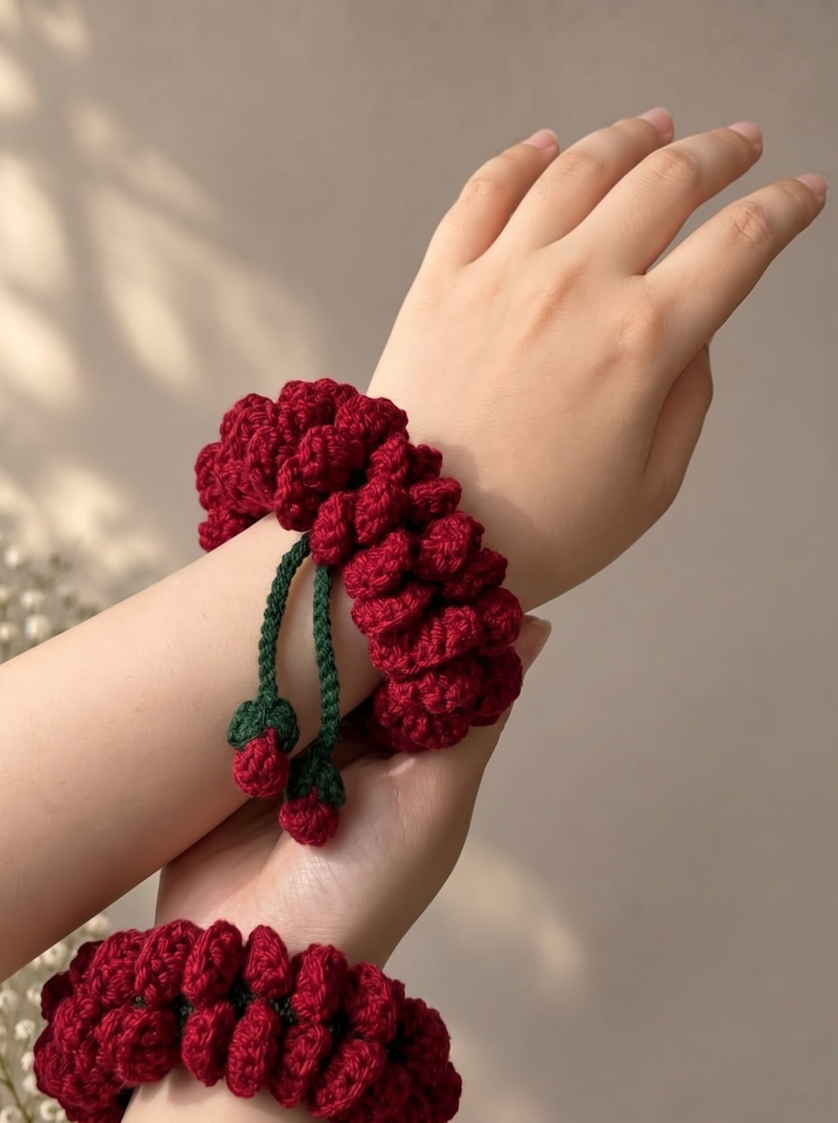 Strawberry Crochet Scrunchie – chunky bobble crochet texture