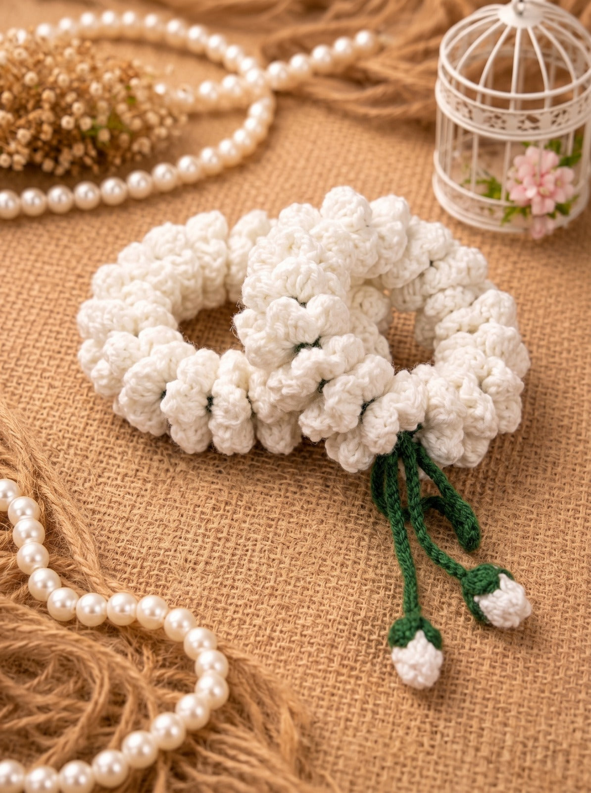 Jasmine Crochet Gajra – white crochet motia gajra with green tassels